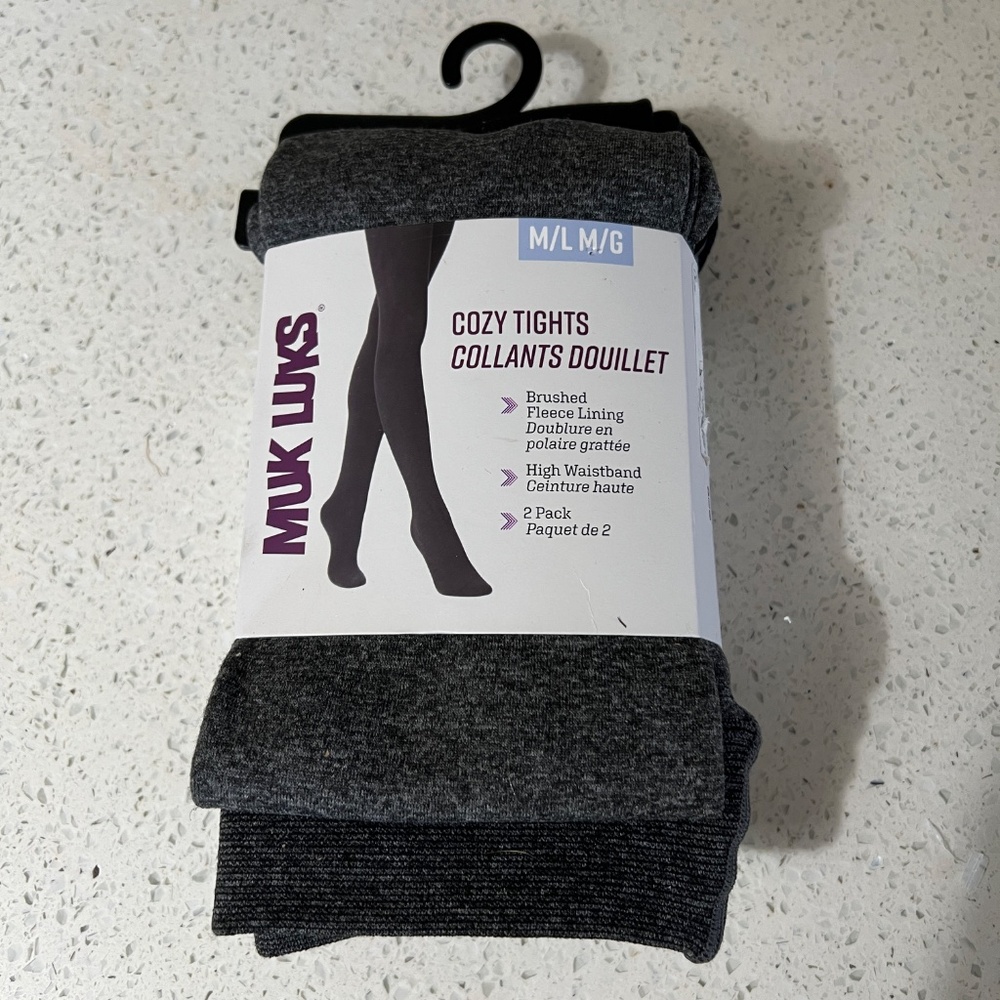 2 Pair Muk Luks Tights Black and Gray Womens M / L Cozy NEW Brushed Fleece